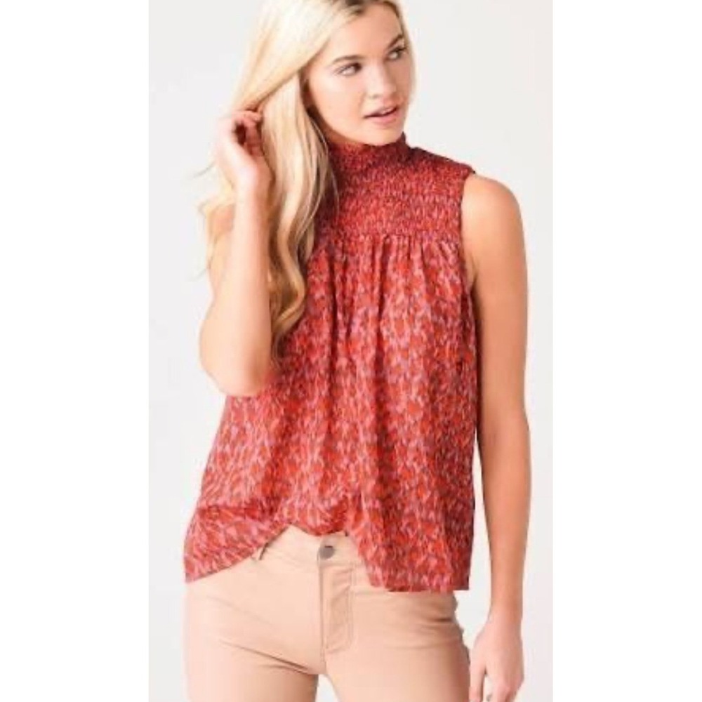 Joie Mika Sleeveless Cotton Top Size M Smocked High Neck Printed Floral Boho